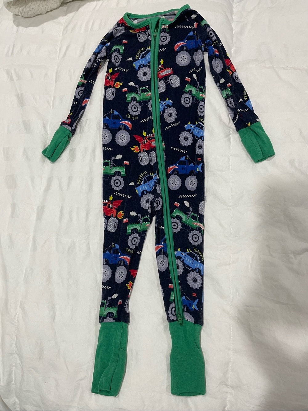 Little Sleepies Monster Truck Print Zippy Footie Pajamas. Size 12-18mo